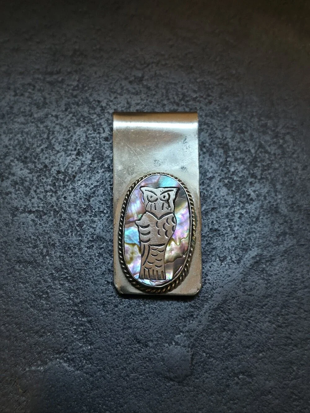 Vintage Alpaca Silver Owl Money Clip with Abalone Inlay | Artisan Mid-Century